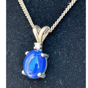 Sterling Silver Necklace with Oval Blue Agate Pendant Cabochon
